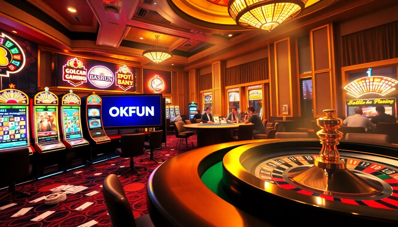 Experience the thrill of OKFUN while playing lively slot machines and poker in a modern casino.