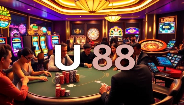 Competitive players strategizing at a poker table in an upscale casino while promoting UU 88 as the ultimate online betting platform.