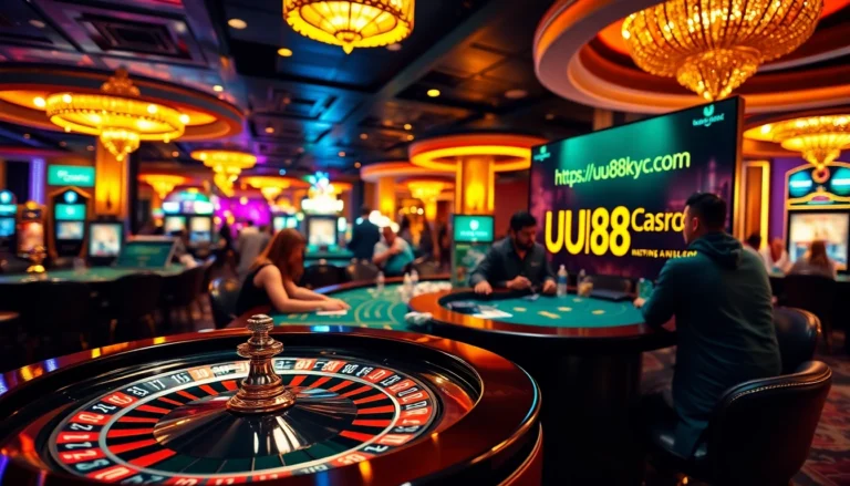 Players enjoying the excitement of a vibrant casino scene at https://uu88kyc.com/ with poker chips and roulette wheels.