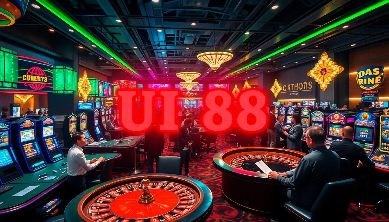 UU 88 casino scene showcasing vibrant activities around poker tables, roulette wheels, and slot machines in an exciting atmosphere.