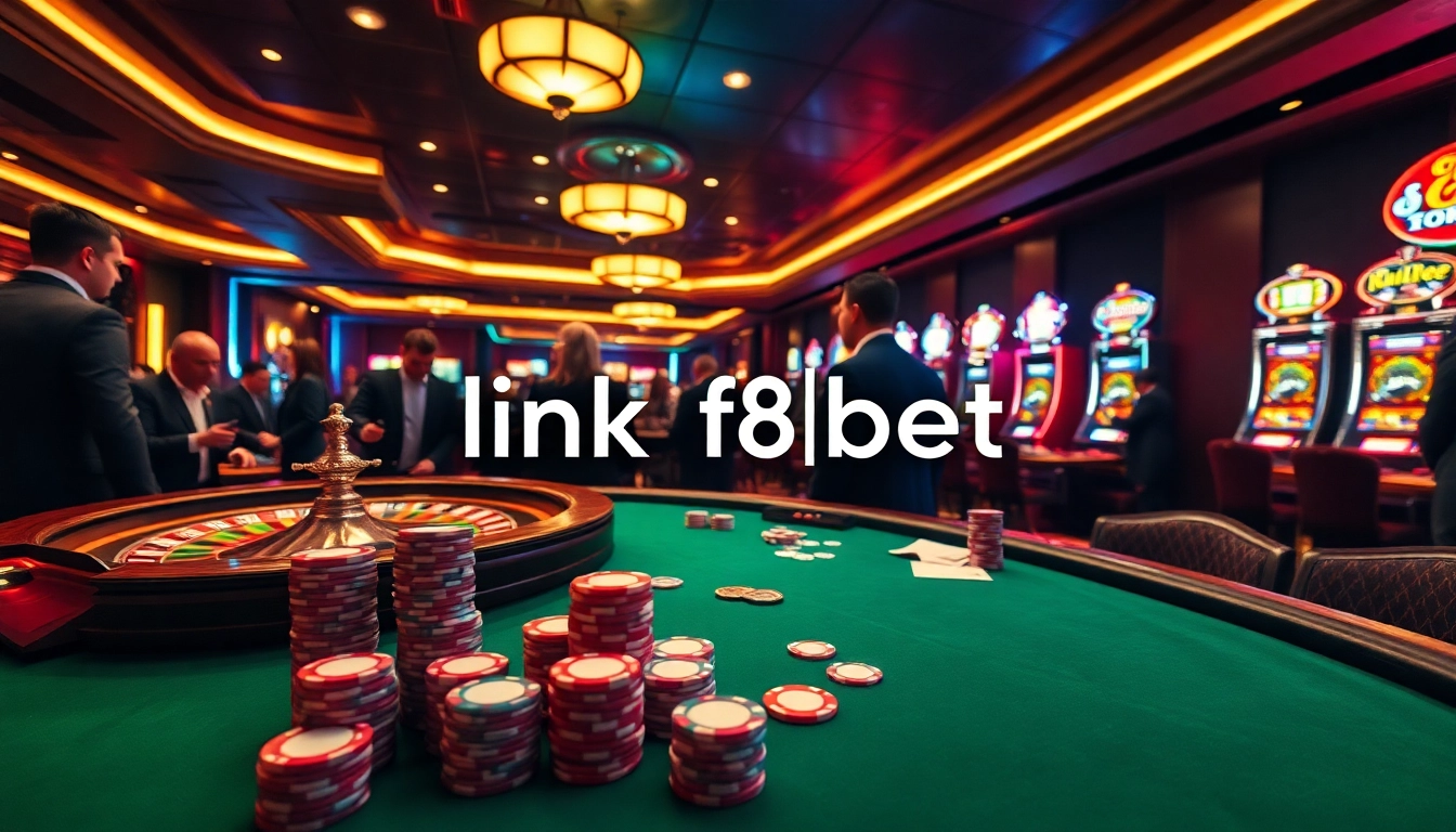 Players at a high-stakes poker table engaged in action; link f8bet visible on a digital screen.