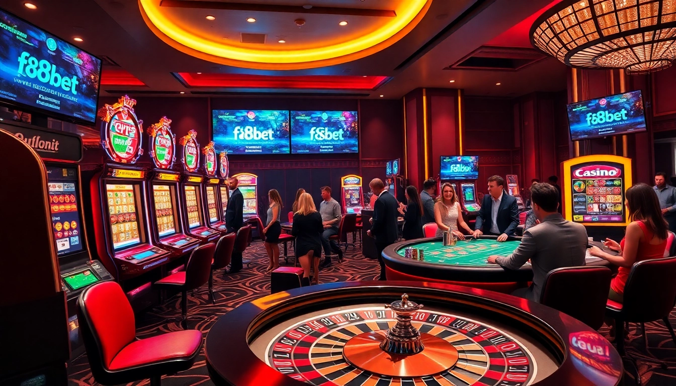 f8bet players enjoying high-stakes casino games with thrilling slot machines and poker tables