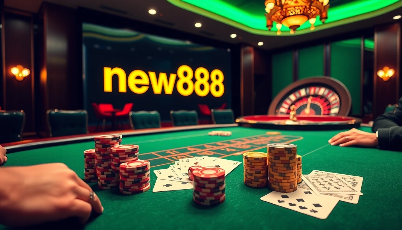 Experience the thrill of winning at new888 online casino games with vibrant poker tables and casino chips.