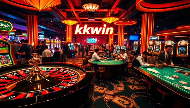Kkwin casino scene with players at roulette and lively gaming atmosphere.